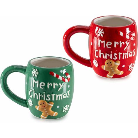 Tasses de Noël en céramique inscription Merry Christmas et décor pain d'épices en relief, lot de 2
