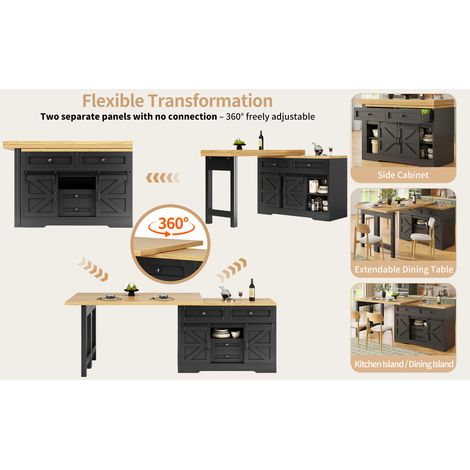 Îlot de cuisine multifonction avec table à manger, placard latéral avec tiroirs cachés, panneaux pivotants à 360°, porte de placard type porte de grange, îlot de cuisine et table à manger 2-en-1 (1/5)
