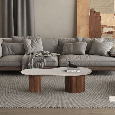 Table basse en bois de manguier avec plateau en travertin MELVINE (1/5)