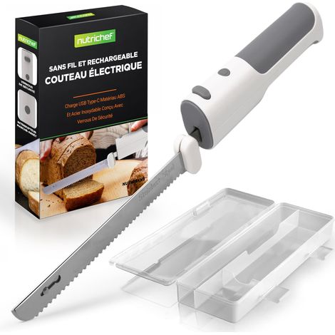 Couteau Électrique de Cuisine – Couteau à Découper pour Viande, Volaille, Pain et Fromage, Lames en Acier, Modèle Sans Fil, Bouton Sécurité ON/OFF, Blanc (1/5)