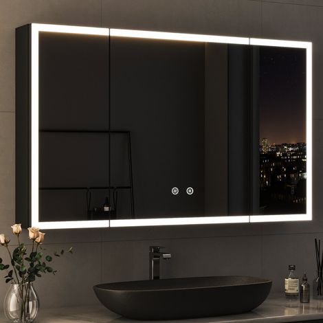 Spiegelschrank mit Beleuchtung Schwarz 100x60 cm Spiegelschrank Bad mit Beleuchtung Badschrank Hängeschränke mit 3 Einstellbare Lichtfarben Beschlagfrei