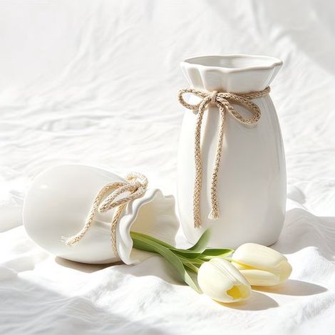 Ensemble de 2 vases élégants avec nœud décoratif - Grands vases cylindriques pour fleurs fraîches et séchées, blancs (1/3)