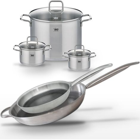 Batterie de cuisine avec 2 poêles 28/32 cm et 3 faitouts 14/16/26 cm en inox et verre sans PFAS Elo Collection Relief Solution Citrin (1/5)