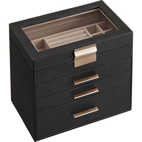 Boîte à bijoux avec couvercle en verre 4 niveaux 3 tiroirs pour lunettes de soleil, grands bijoux, rangement de bijoux, style moderne, graphite, noir et or (1/5)