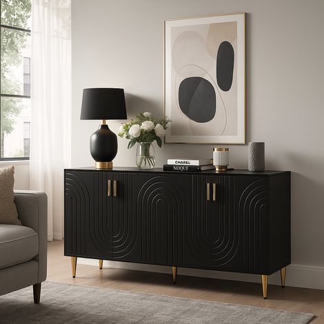 URBAN MEUBLE Buffet noir portes à motif ondulé 4 portes, poignées et pieds dorées rangement polyvalent 152x40x75cm