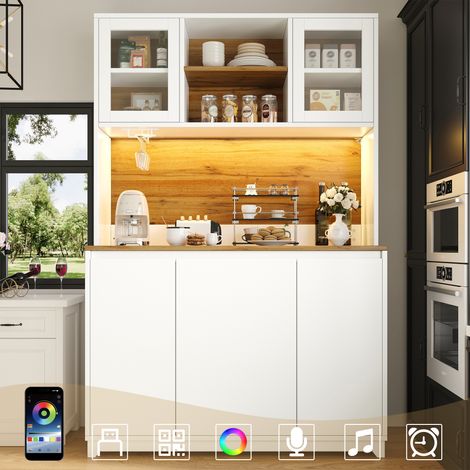 Buffet de cuisine haut avec éclairage LED 120 × 40 × 180 cm Buffet en bois avec portes en acrylique etPorte-gobelet Blanc (1/5)