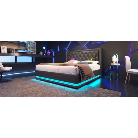 Cama doble 140x200 cm PU negro con almacenaje y LED, USB-C, ahorra espacio, sin colchón – MEUBLIV (1/5)