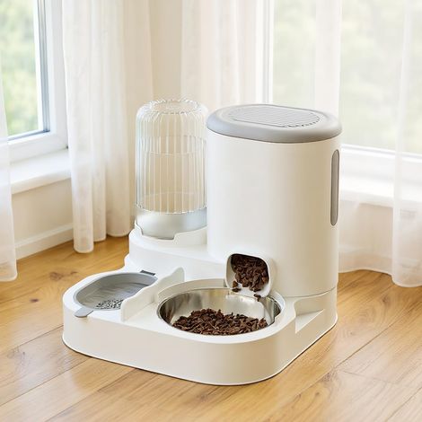 Distributeur 2 en 1 pour chats et petits chiens, mangeoire automatique et abreuvoir pour animaux, distributeur de croquettes et d’eau, Gris (1/5)
