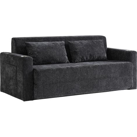 Canapé-lit 2 places 2-en-1 pliable, tissu effet brillant, USB, porte-gobelets, poches latérales, 2 coussins, idéal petits espaces pour salon et appartement – CHICFURN (1/5)