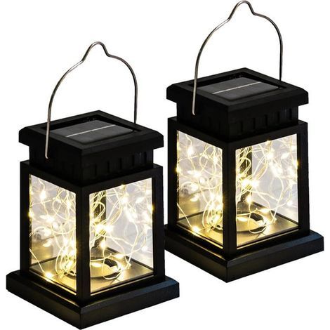 Lot de 2 lampes solaires d\'extérieur à suspendre, décoration de jardin, lanterne de terrasse, blanc chaud (1/4)