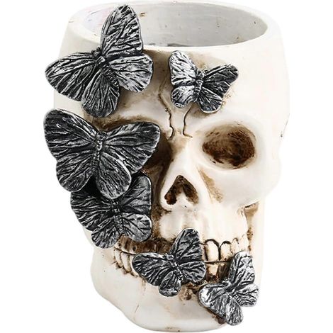 Porte-stylo crâne gothique résine, organisateur bureau décoratif avec porte-pinceaux papillon pour Halloween, bureau ou coiffeuse (1/5)