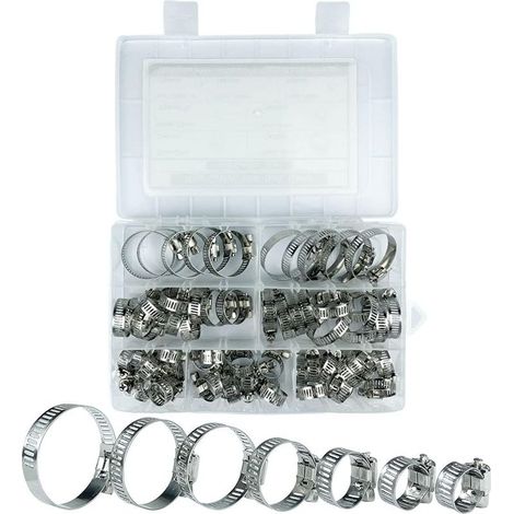 Colliers de serrage pour tuyaux, colliers de serrage en acier inoxydable, lot de 60, diamètres 8 à 38 mm, 7 tailles différentes, pour piscines, lave-linge, lave-vaisselle et canalisations d'eau domest (1/5)