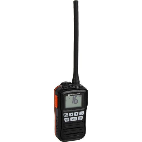 VHF portable WP200 – Étanche IP67 – Puissance 3W – Autonomie jusqu'à 10h – Dimensions 63x119x35mm – Chargeur mural et allume-cigare inclus