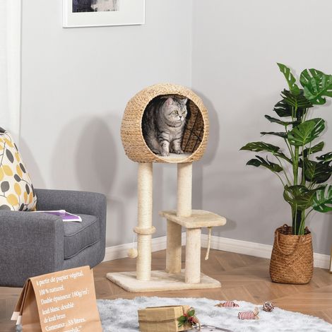 Árbol para gatos con caseta de 100 cm, rascador de sisal, beige DESVIAE (1/5)