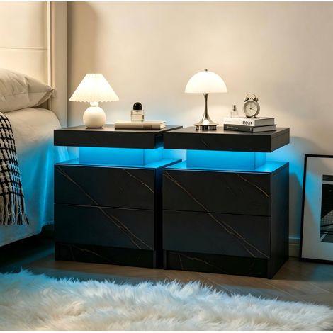 LED-Nachttisch 2er-Set mit 2 Schubladen, Schwarz und Gold HAVRYA (1/5)
