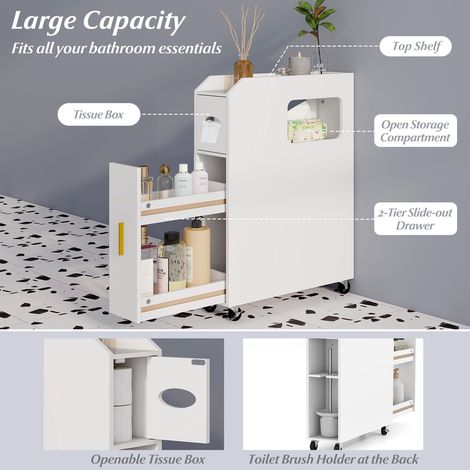 Meuble de rangement salle de bain blanc 16 cm avec tiroir coulissant, porte-balai et roulettes pour petit espace et WC (1/5)