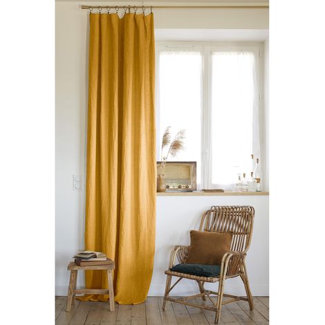 Rideau ajustable + 8 anneaux pince 140 x 270 cm lin lavé français luxe soline Jaune (1/4)