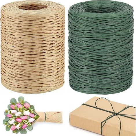 2 x 200m Fil de Fer Papier, 2mm Ficelle de Raphia, fil Armé Kraft, Convient Pour Les Bouquets, les Mariages, la Décoration de Cadeaux et le Bricolage (Vert, Marron Clair) (1/4)