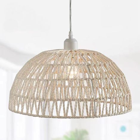 Lámpara colgante retro de ratán, casquillo E27, ideal para el salón, el dormitorio, el comedor o la oficina. Color blanco, bombilla incluida. (1/5)