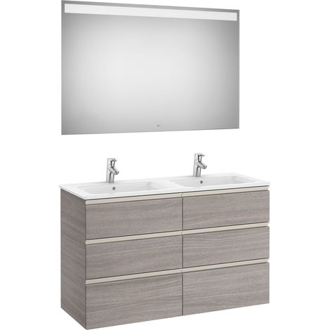 Pack mueble base de 6 cajones + lavabo doble + espejo LED THE GAP - ROCA Color: Roble City texturizado
