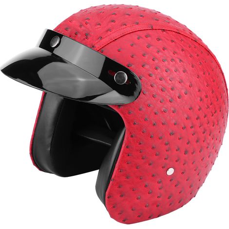 Casque moto scooter universel demi-visage en cuir PU rouge autruche taille M (1/5)