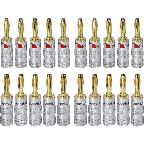 Nakamichi Lot de 20 fiches bananes plaquées or 24 carats, connecteur HiFi 4 mm avec verrouillage à vis pour prises audio jack haut-parleurs