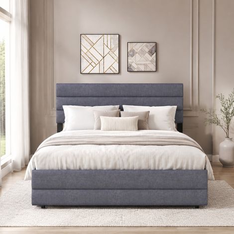 Cama de adulto 140x200 cm de lino gris con almacenaje y cama nido FloraGrace (1/5)