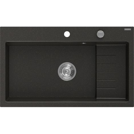 Mexen Omar évier en granit 1 bac 800 x 480 mm, noir/doré métallisé, siphon chromé - 6520801005-75 (1/5)