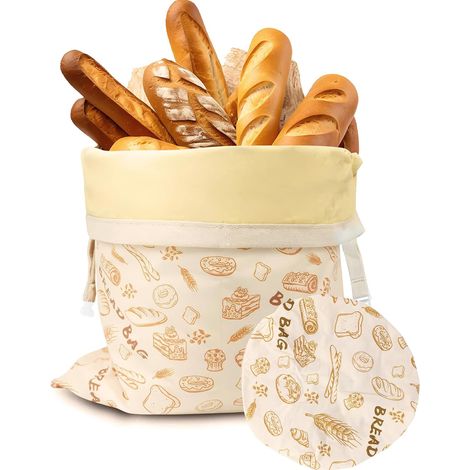 Lot de 2 sacs à pain réutilisables en lin - 32,5 x 43 cm et 20 x 20 cm - Imperméable - Avec élastique et mousqueton - Pour le pain et les pâtisseries (1/5)