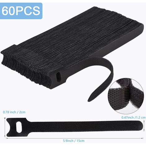 60 attaches de câble réutilisables de 15,2 cm (6 pouces) avec rangement de câble réglable, enroulement de câble et fermeture Velcro pour la gestion des câbles. (1/4)