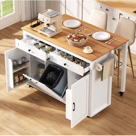 Îlot de cuisine 120x40-75x92 cm blanc en MDF avec plan de travail extensible, prises intégrées et roulettes (1/5)