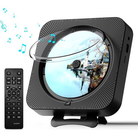 Lecteur Cd - Bluetooth 5.1 - Radio Fm - Affichage Led - Haut-Parleurs Intégrés - Support Bureau Et Mur - Télécommande - Noir - 1 Pièce