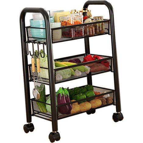 Chariot de Rangement Mobile [Tablier 3] en Métal Noir Étagères de Stockage Multi-Fonction pour Cuisine et Snacks (1/5)