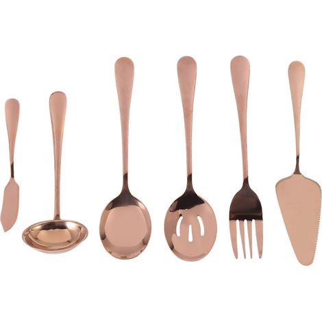Ensemble de couverts de service 6 pièces, comprenant une pelle à gâteau et une cuillère de service ajourée, finition or rose. (1/5)