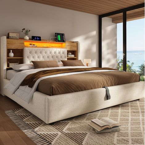 Bett im Retro-Stil 180x200 cm mit Bettkasten, LED, USB/USB-C, Kopfteil mit Ablagen, Leinenstoff Beige (1/5)