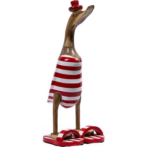 Statuette décorative 40 cm canard rouge blanc rayé en teck – DAFLY (1/5)