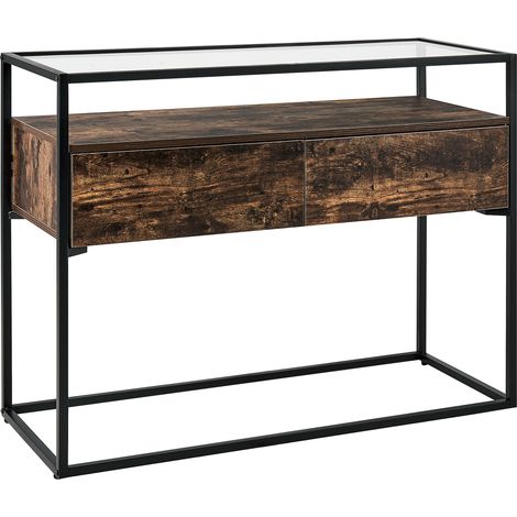 Consola madera oscura negro 100 x 40 cm tablero de vidrio 2 cajones moderno Mauk