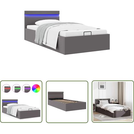 The Living Store Bett mit Bettkasten Hydraulisch LED Grau Kunstleder 90x200 cm - Einzelbett - Stauraumbett - Kunstlederbett - Boxspringbett - Hydrauliksystem (1/5)