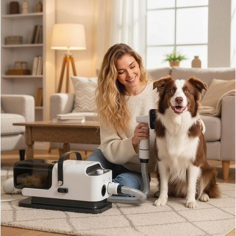 Tijera para perros con aspirador, kit de peluquería 5 en 1, 600 W, blanca (1/3)