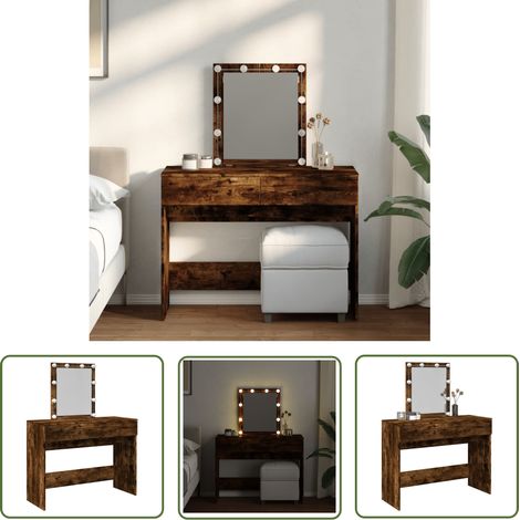 The Living Store Coiffeuse avec LED chêne fumé 100x40x130 cm - Coiffeuse - Meuble De Salle De Bain - Table De Maquillage - Vanity - Miroir Lumineux (1/5)