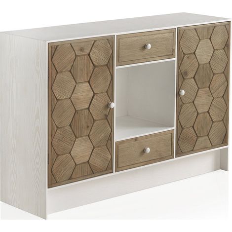 Buffet bois de fresne blanc décor hexagonal et style rustique - Blanc vieilli et bois naturel (1/5)