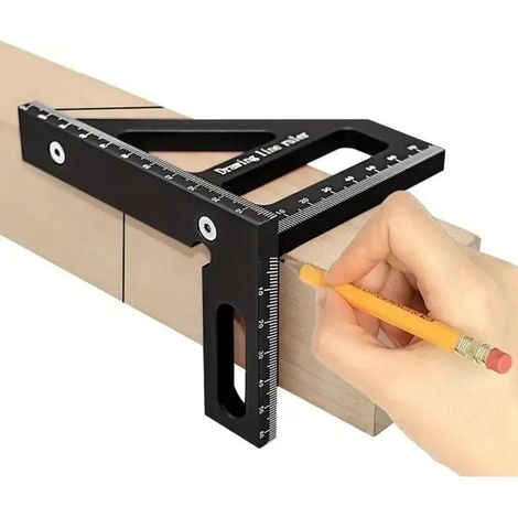 Règle de mesure multiangles 3D, rapporteur carré en alliage d'aluminium 45°/90°, règle de ligne de dessin, outil de mesure de précision pour le travail du bois, l'ingénierie et la construction (noir) (1/5)