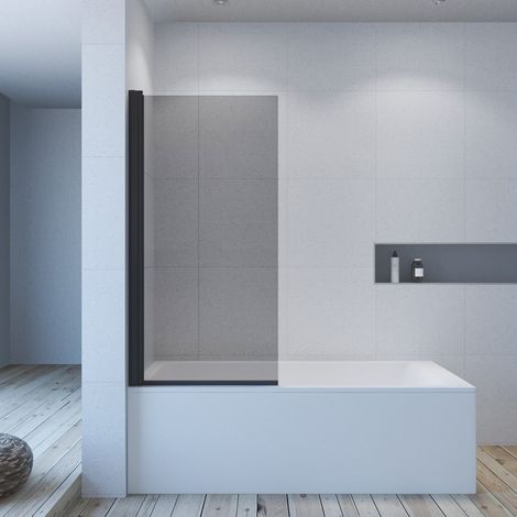 70x140 cm Badewannenaufsatz 1 teilig Grau Nano Glas Duschwand für Badewanne, Einscheiben-Sicherheitsglas, Profilfarbe Schwarz matt (1/5)