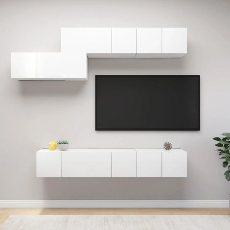 Ensemble de 7 meuble TV - Armoire Télévision Moderne Banc TV Blanc Aggloméré -FR28916 (1/5)