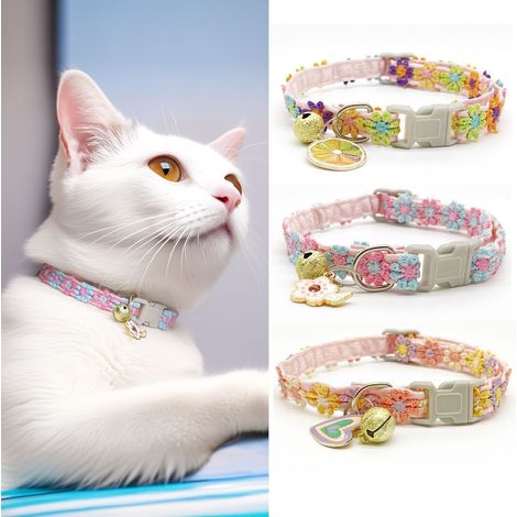 Ensemble de 3 colliers pour chat en dentelle florale, collier pour chaton avec boucle de sécurité réglable, collier coloré pour animaux de compagnie à fleurs, convient aux chats et aux petits chiens, (1/4)