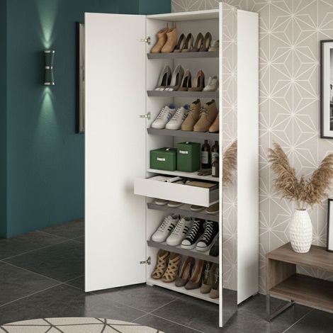 Dmora - Zapatero Dminiat, Mueble recibidor multiusos con puerta de espejo, Zapatero moderno con 6 baldas, 100% Made in Italy, 72x37h195 cm, Blanco (1/5)