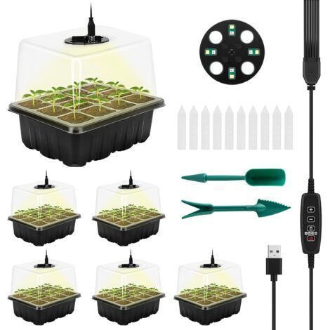 QORVA-Bac à graines avec lampe de culture (lot de 6) Kit de germination avec lumière et humidité réglables, pour serre.