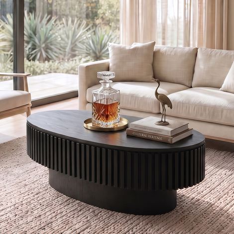 Table basse ovale 98x60 cm avec rangement caché, noir mat OKMYHOME (1/5)