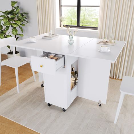 Klappbarer Esstisch 120 x 75 x 75 cm aus weißem MDF mit Rollen und 2 Schubladen OKWISH (1/5)
