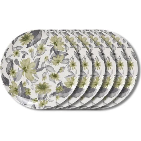 Assiette plate en porcelaine 27 cm – Lot de 6 – Décor floral vert – Compatible lave-vaisselle et micro-ondes – Table Passion (1/4)